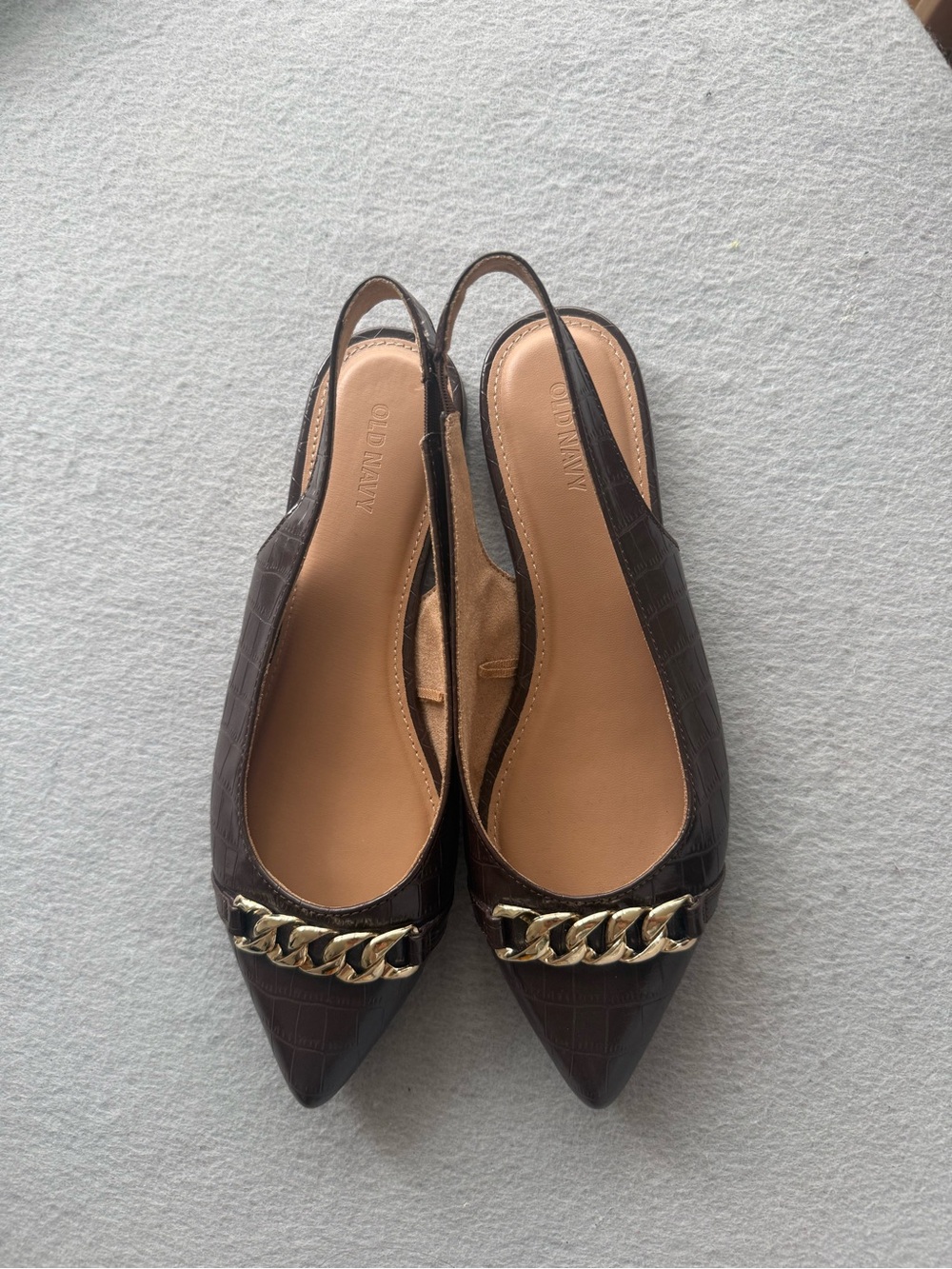 Old Navy Dark Brown Pointed Slingback Flats with Gold Chain Accent